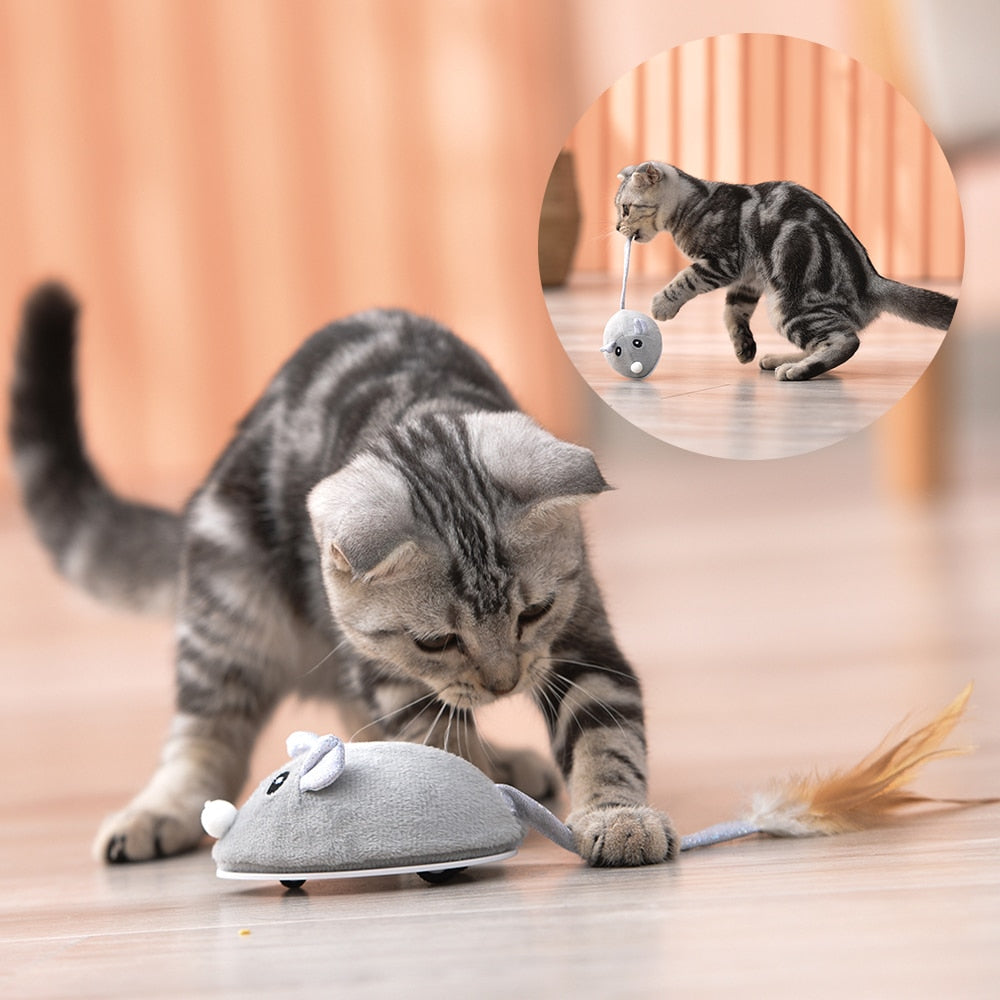 Interactive Mouse Toy for Cats USB Charging Moving Rat with Feather Toys Play-Catch Training Toy for Indoor Kittens Pets Supply